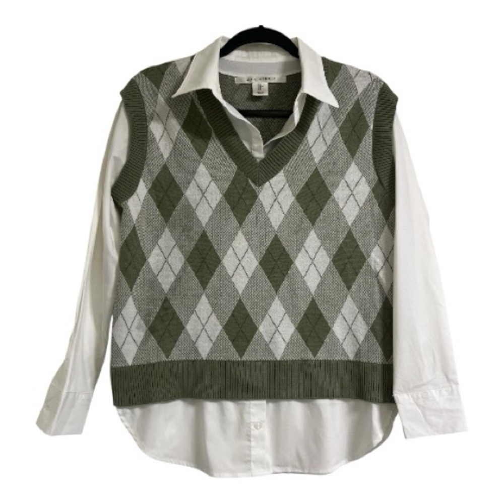 MAX STUDIO Argyle‎ Sweater Vest with attached White Shirt, Green, S